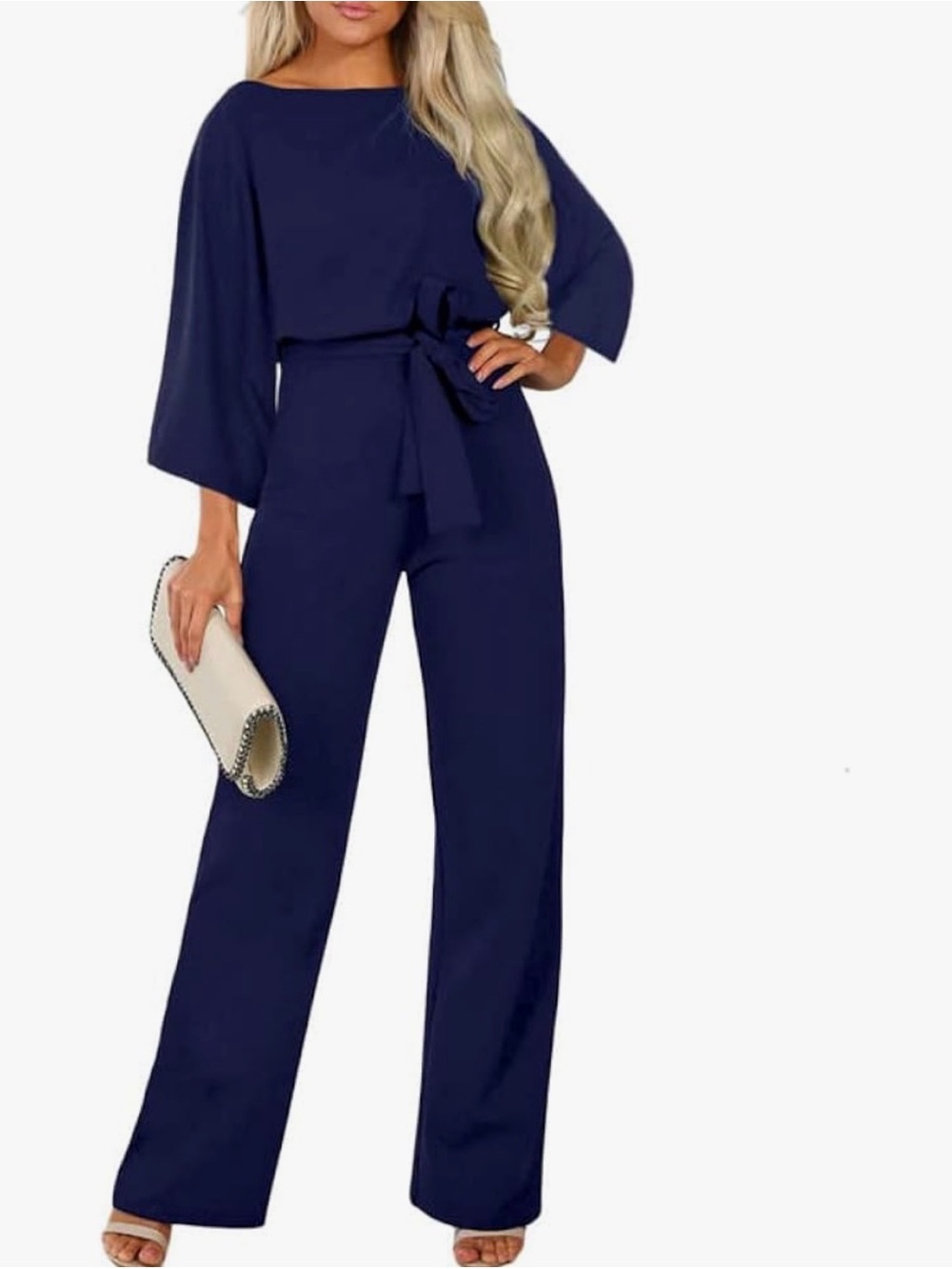 Long Sleeve Navy Belted Long Jumpsuit